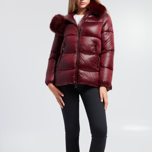Hooded Padded Jacket with Maxi Fur Trim - Elegant and Warm in Shiny Satin Fabric with Zip Pockets, Casual and Stylish for Winter