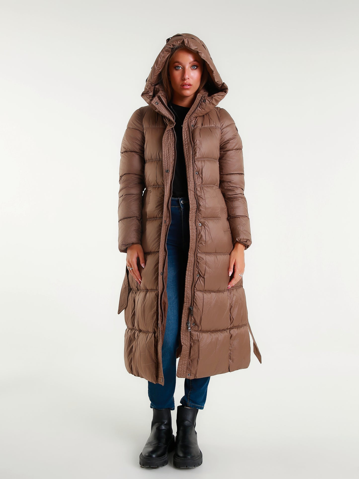 Piumino Lungo da Donna con Cappuccio e Cintura Elegante e Caldo per l'Inverno Moda Donna Invernale