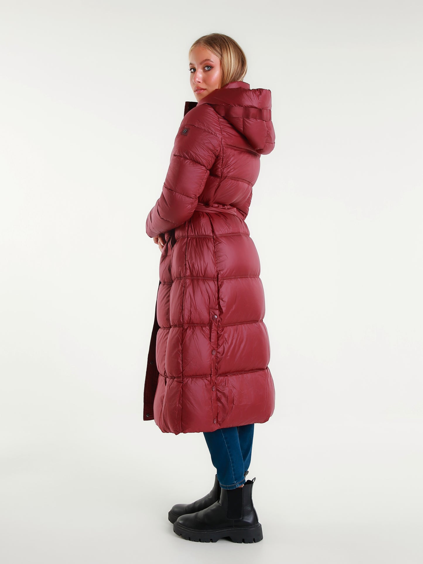 Piumino Lungo da Donna con Cappuccio e Cintura Elegante e Caldo per l'Inverno Moda Donna Invernale