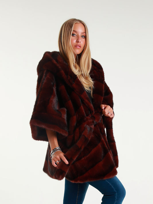 Short Faux Fur Cape with Hood and Belt for an Elegant Oversized Effect for a Stylish Look