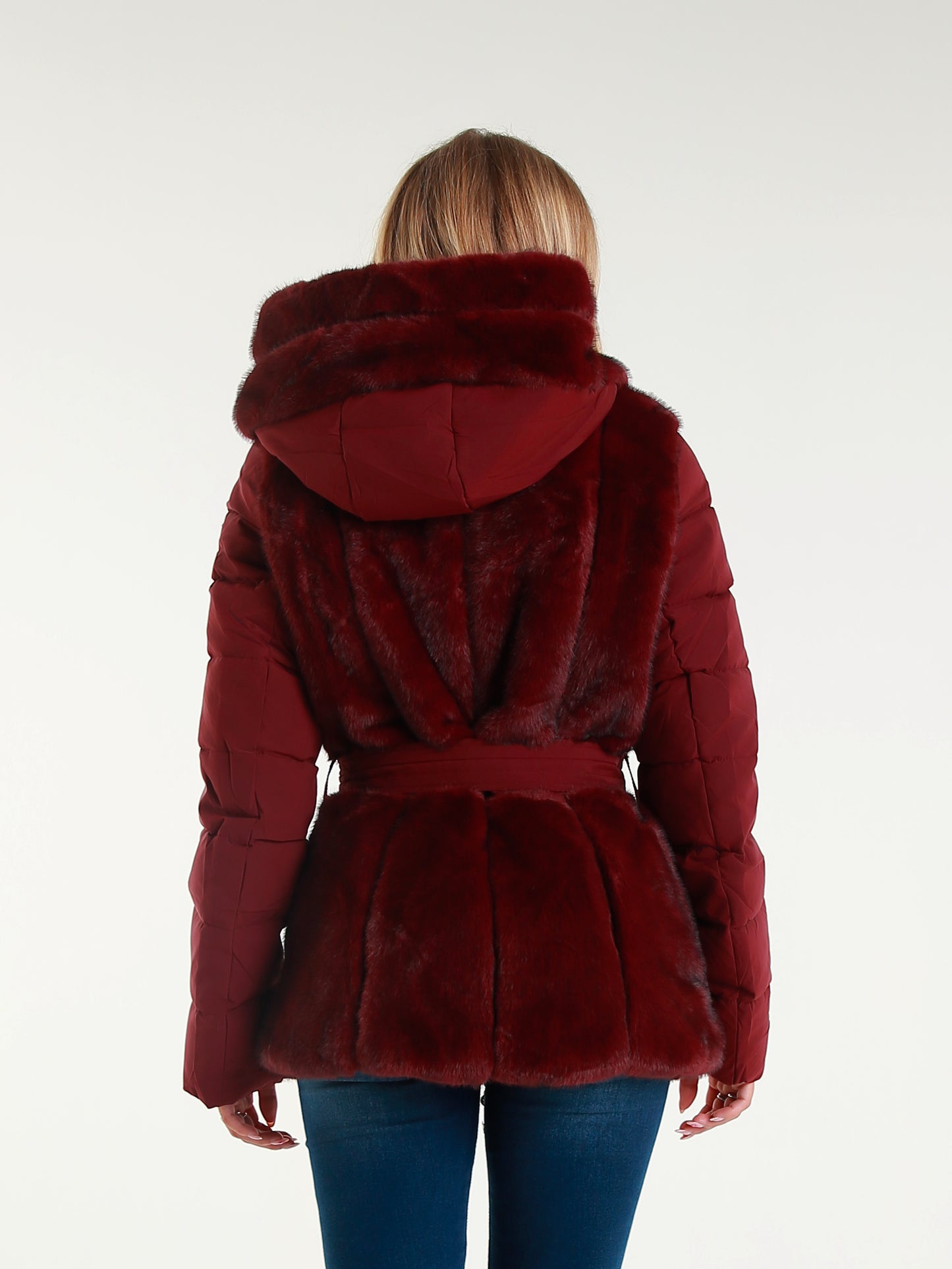 Giacca Imbottita con Cappuccio in Pelliccia Sintetica Cintura in Vita Stile Elegante Invernale per Donna