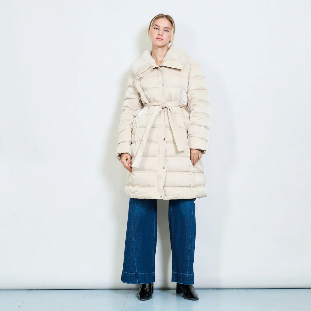 Women's Long Down Jacket with Belt and Fur Collar – Winter