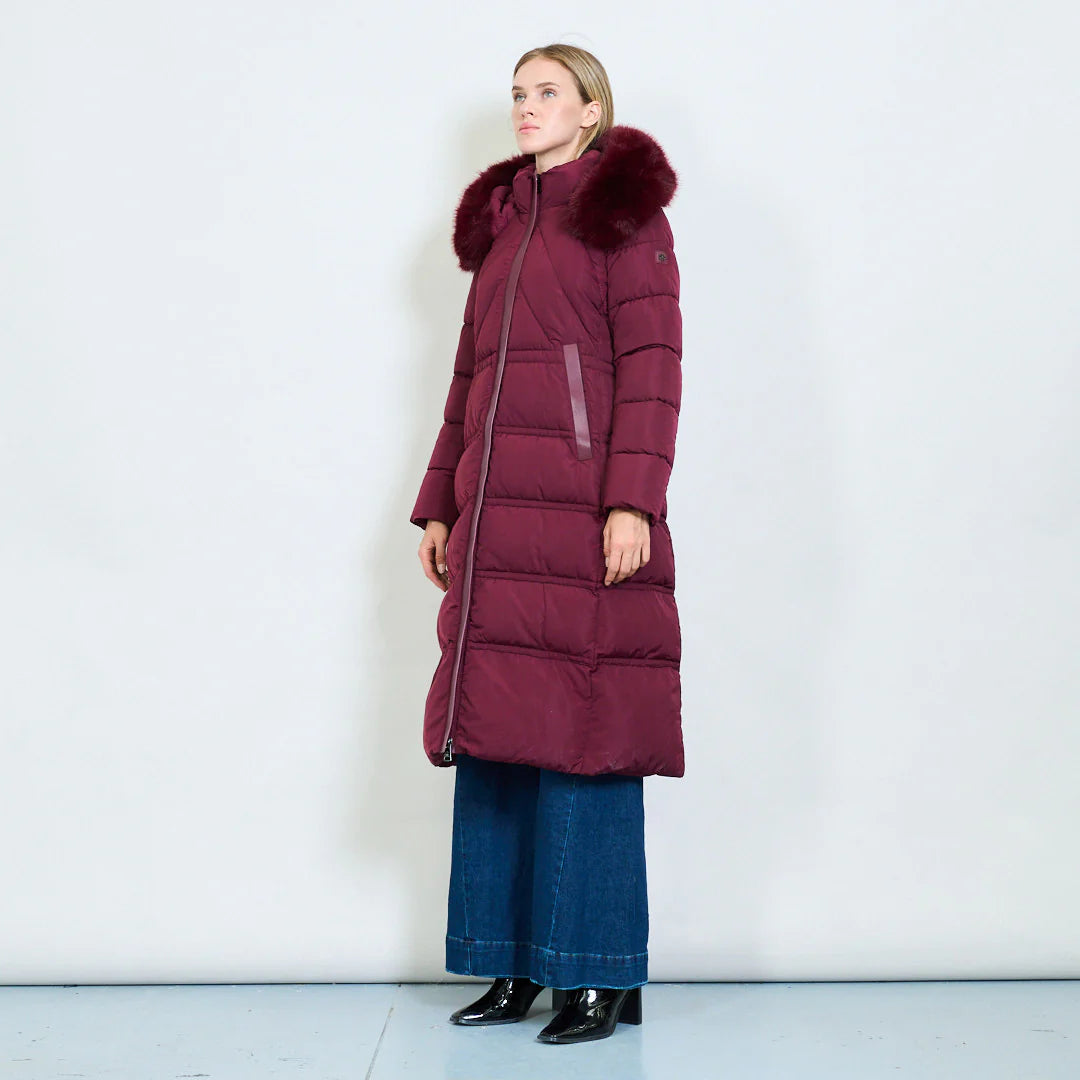 Women's Long White Padded Coat with Faux Fur Hood