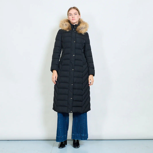 Long Green Coat with Hood and Real Rabbit Fur Collar