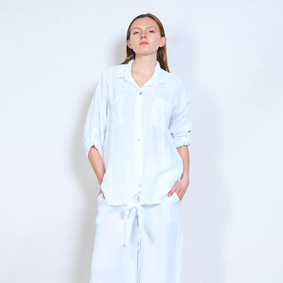 Camicia donna oversize con nodo frontale e maniche regolabili