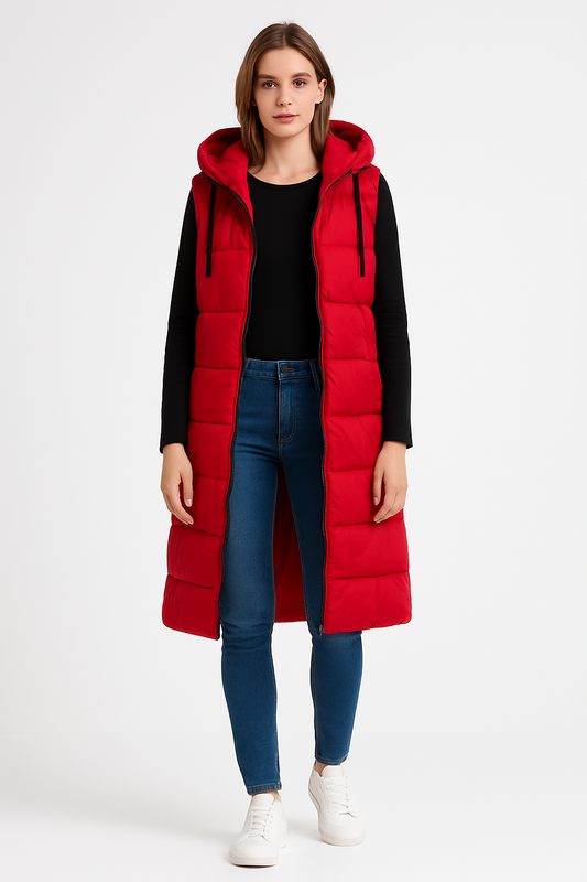 Long Quilted Vest with Hood and Zip, Casual, Versatile Style for Fall/Winter, Minimalist Design