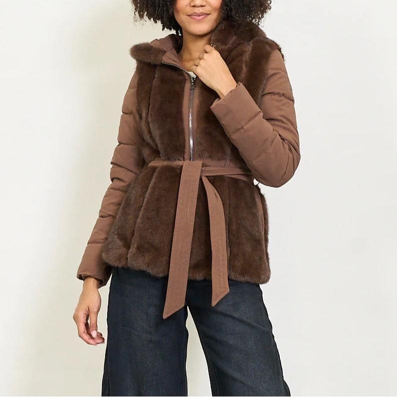 Giacca Imbottita con Cappuccio in Pelliccia Sintetica Cintura in Vita Stile Elegante Invernale per Donna