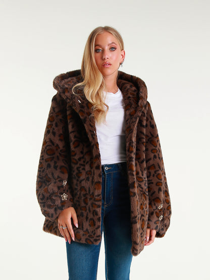 Short Faux Fur Coat with Hood and Jewel Buttons