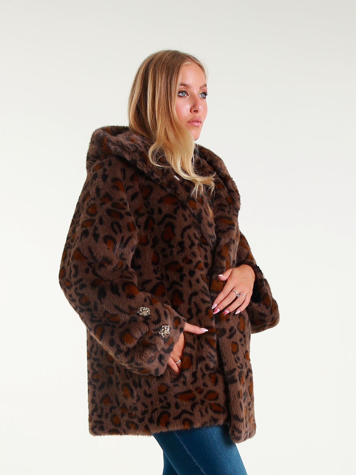 Short Faux Fur Coat with Hood and Jewel Buttons