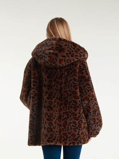 Short Faux Fur Coat with Hood and Jewel Buttons