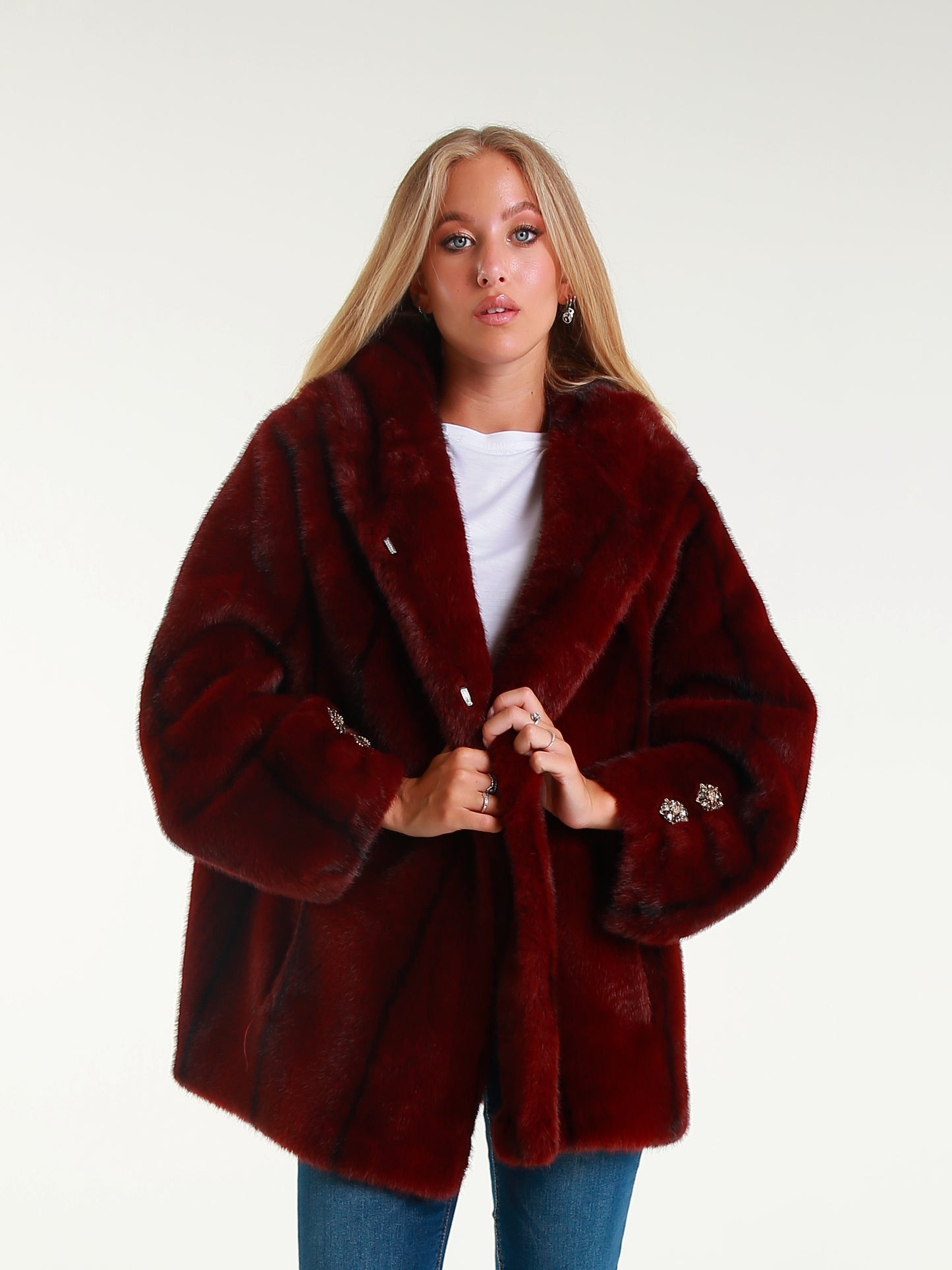 Short Faux Fur Coat with Hood and Jewel Buttons