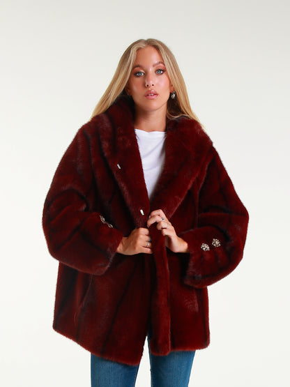 Short Faux Fur Coat with Hood and Jewel Buttons