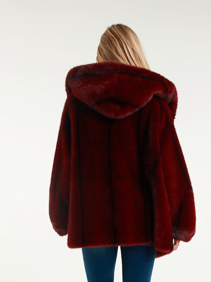 Short Faux Fur Coat with Hood and Jewel Buttons
