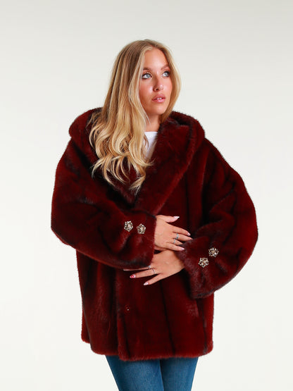 Short Faux Fur Coat with Hood and Jewel Buttons