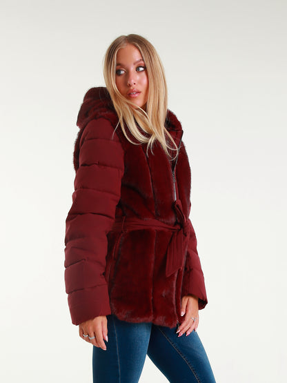 Giacca Imbottita con Cappuccio in Pelliccia Sintetica  Cintura in Vita Stile Elegante Invernale per Donna