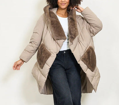 Women's beige down jacket with faux fur collar and contrasting pockets
