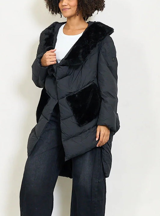 Women's beige down jacket with faux fur collar and contrasting pockets