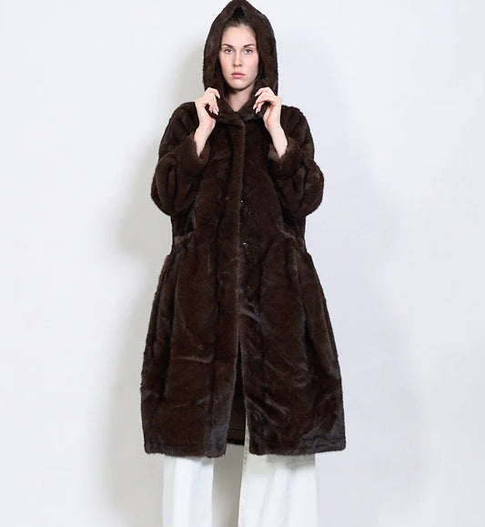 Long Faux Fur Coat with Hood – Warm and Elegant