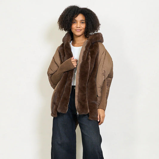 Women's Down Jacket with Faux Fur Hood | Medium-Long Padded Coat