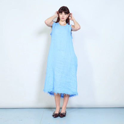 Abito midi smanicato in lino con bordi sfrangiati e tasche