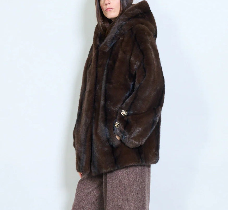 Short Faux Fur Coat with Hood and Jewel Buttons