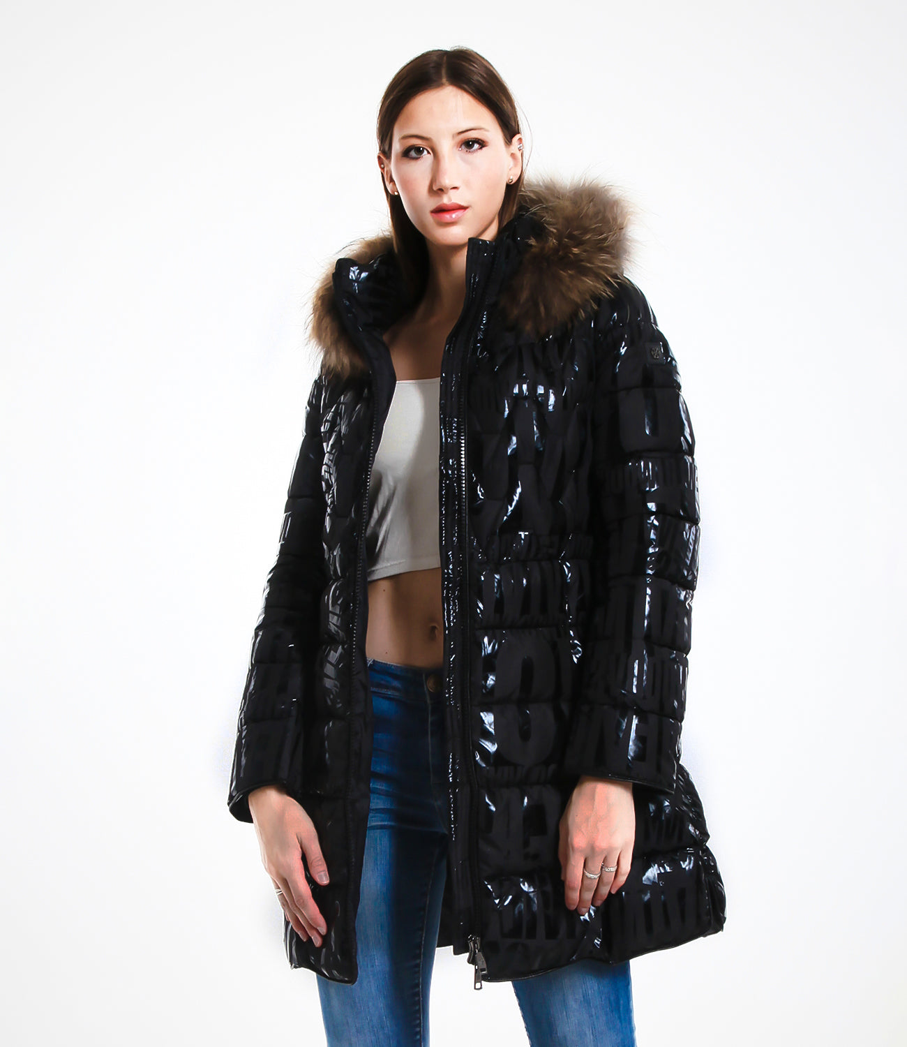 Shiny Down Jacket with Hood and Real Rabbit Fur