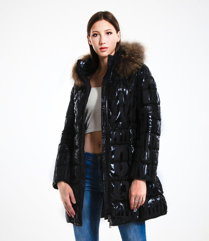 Shiny Down Jacket with Hood and Real Rabbit Fur