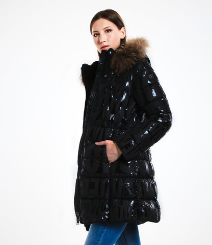 Shiny Down Jacket with Hood and Real Rabbit Fur
