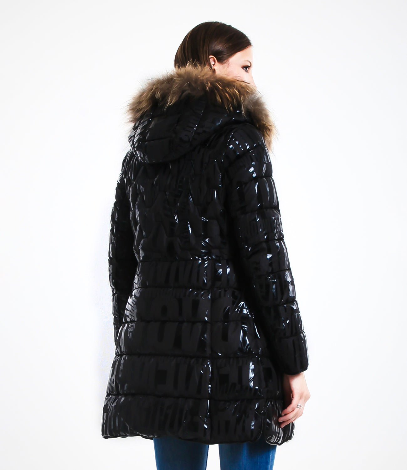 Shiny Down Jacket with Hood and Real Rabbit Fur