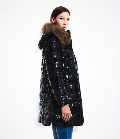 Shiny Down Jacket with Hood and Real Rabbit Fur