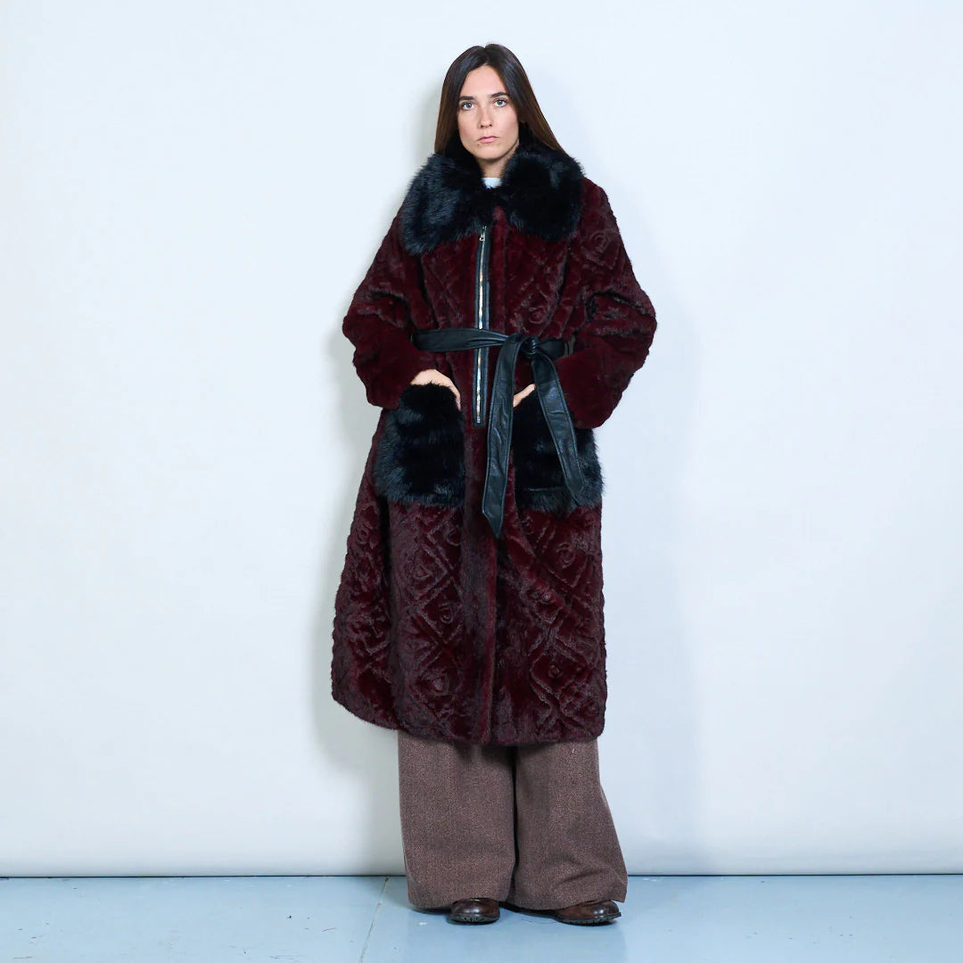 Long Faux Fur Coat with Belt and Contrasting Pockets