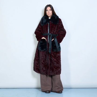Long Faux Fur Coat with Belt and Contrasting Pockets