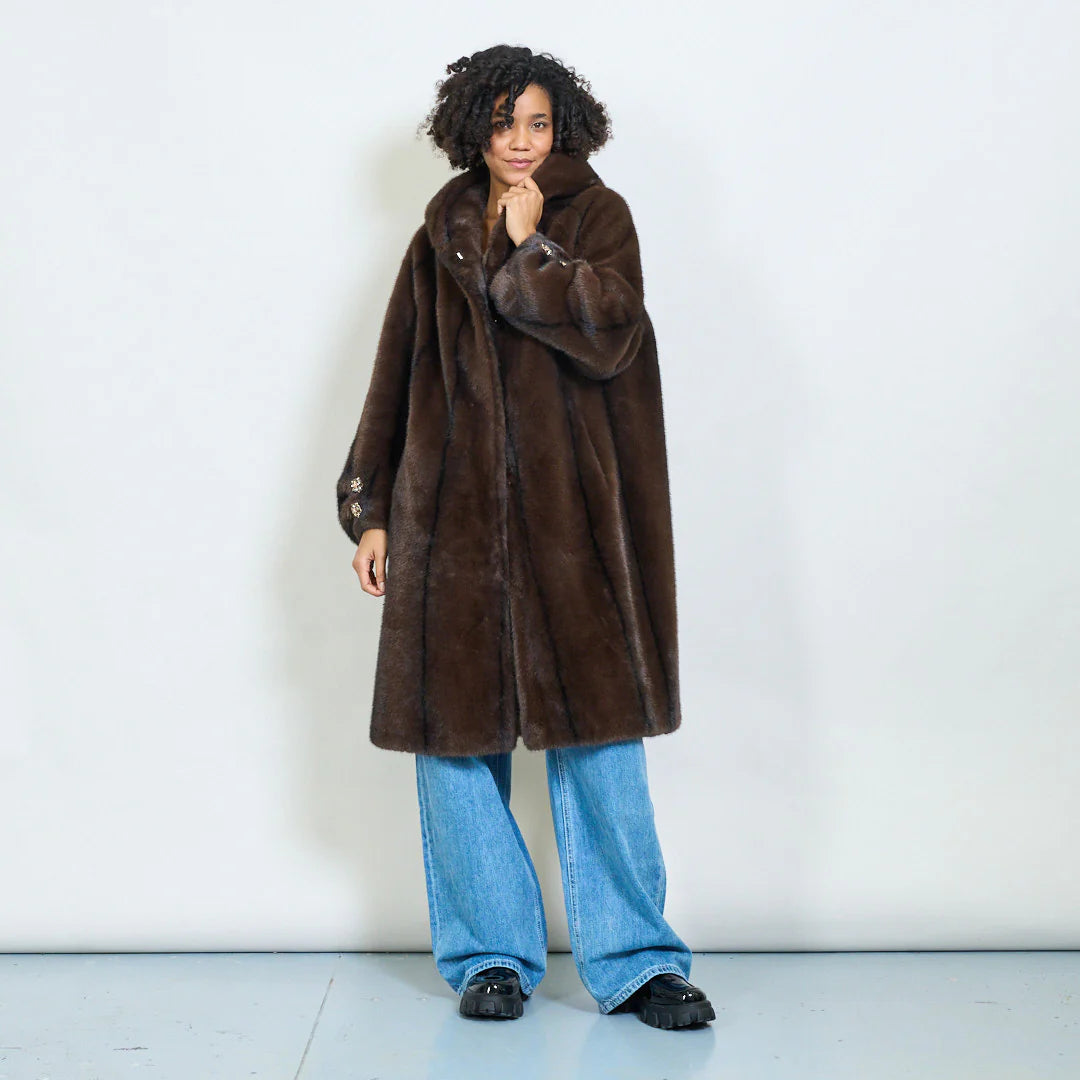 Faux Fur Coat with Hood and Gold Details