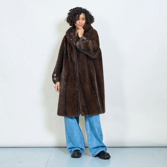 Faux Fur Coat with Hood and Gold Details