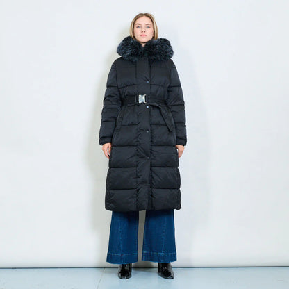 Women's Plus-Size Down Jacket with Fur Collar and Belt