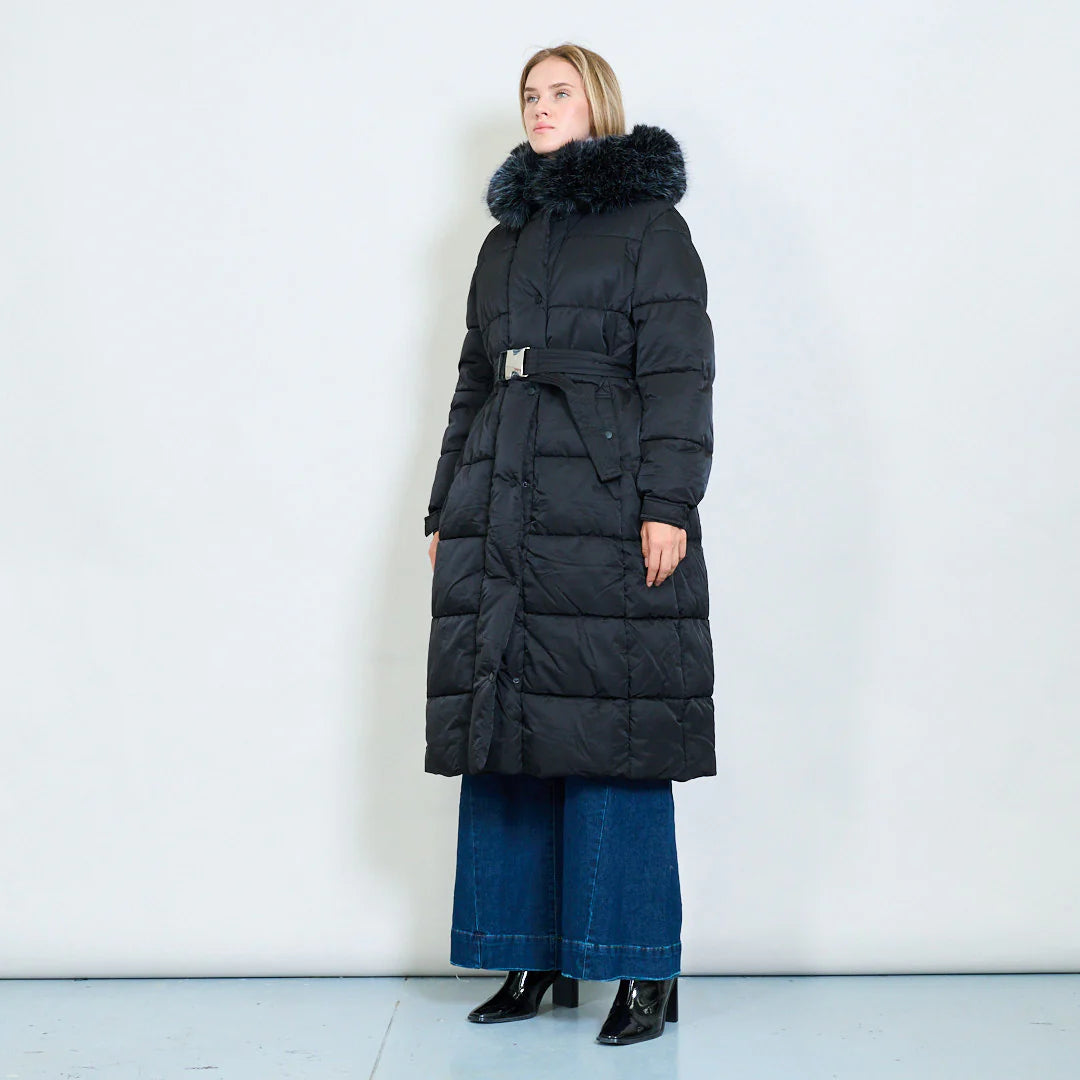 Women's Plus-Size Down Jacket with Fur Collar and Belt