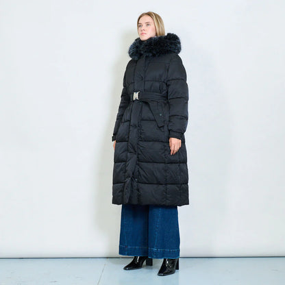 Women's Plus-Size Down Jacket with Fur Collar and Belt