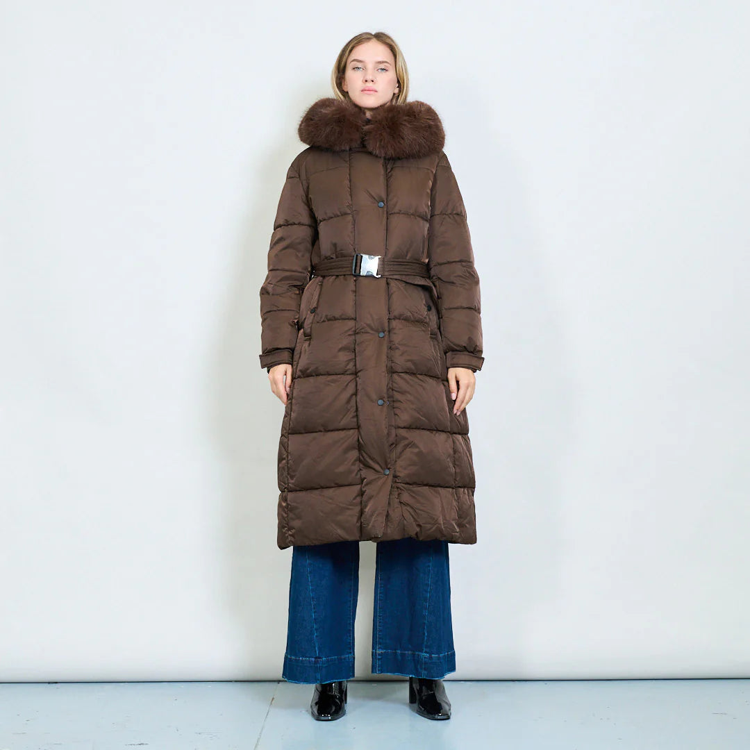 Women's Plus-Size Down Jacket with Fur Collar and Belt