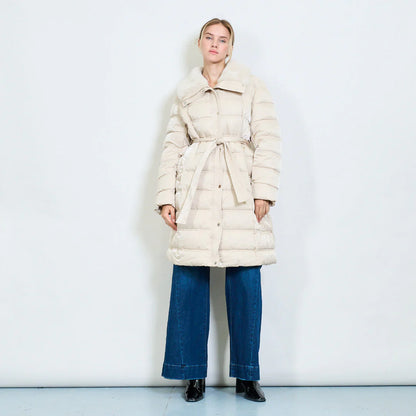Women's Long Down Jacket with Belt and Fur Collar – Winter