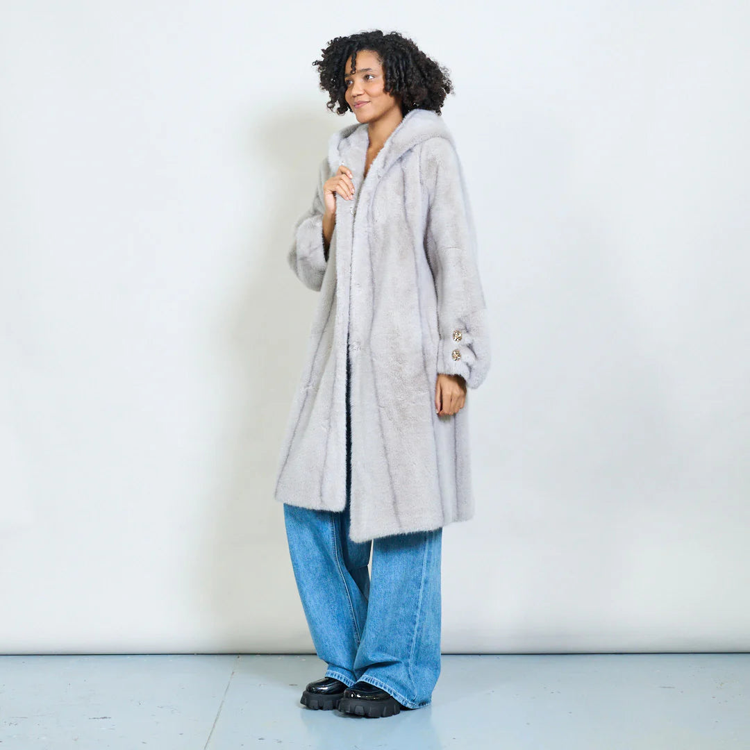 Faux Fur Coat with Hood and Gold Details