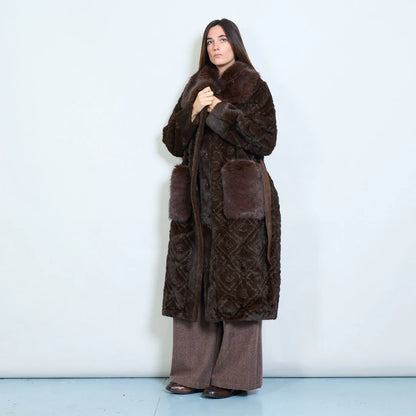 Long Faux Fur Coat with Belt and Contrasting Pockets