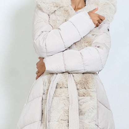 Long Down Jacket with Hood and Faux Fur Details