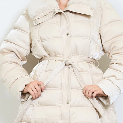 Women's Long Down Jacket with Belt and Fur Collar – Winter