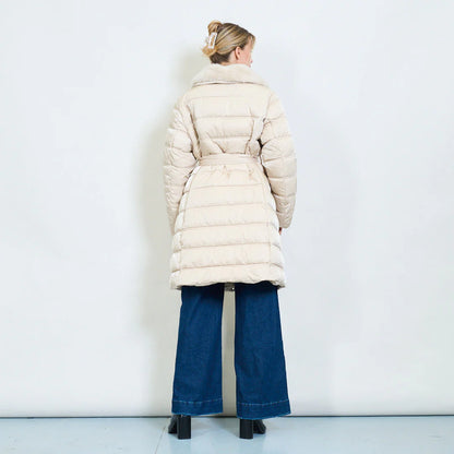 Women's Long Down Jacket with Belt and Fur Collar – Winter