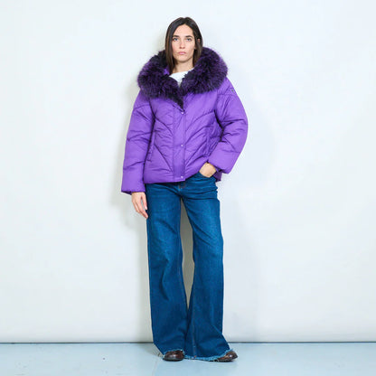 Piumino Corto da Donna con Collo in Eco Pelliccia