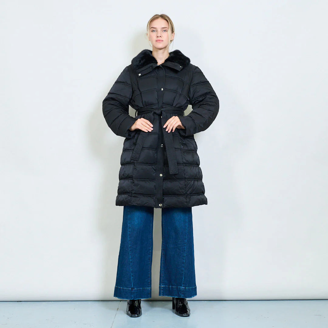 Women's Long Down Jacket with Belt and Fur Collar – Winter