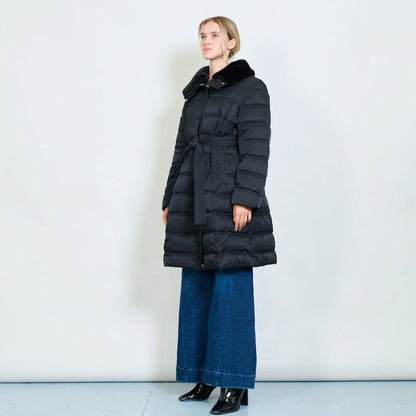 Women's Long Down Jacket with Belt and Fur Collar – Winter