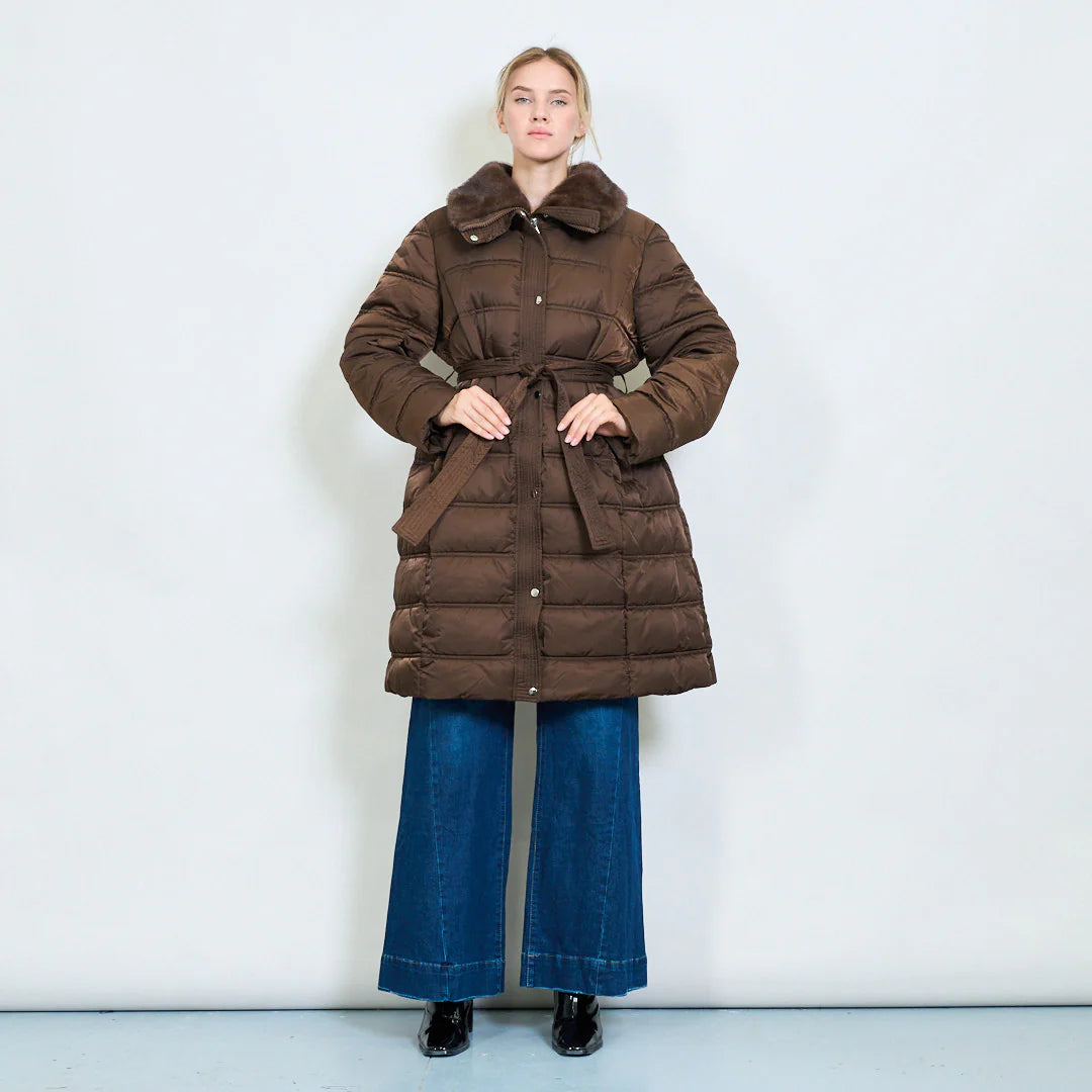 Women's Long Down Jacket with Belt and Fur Collar – Winter