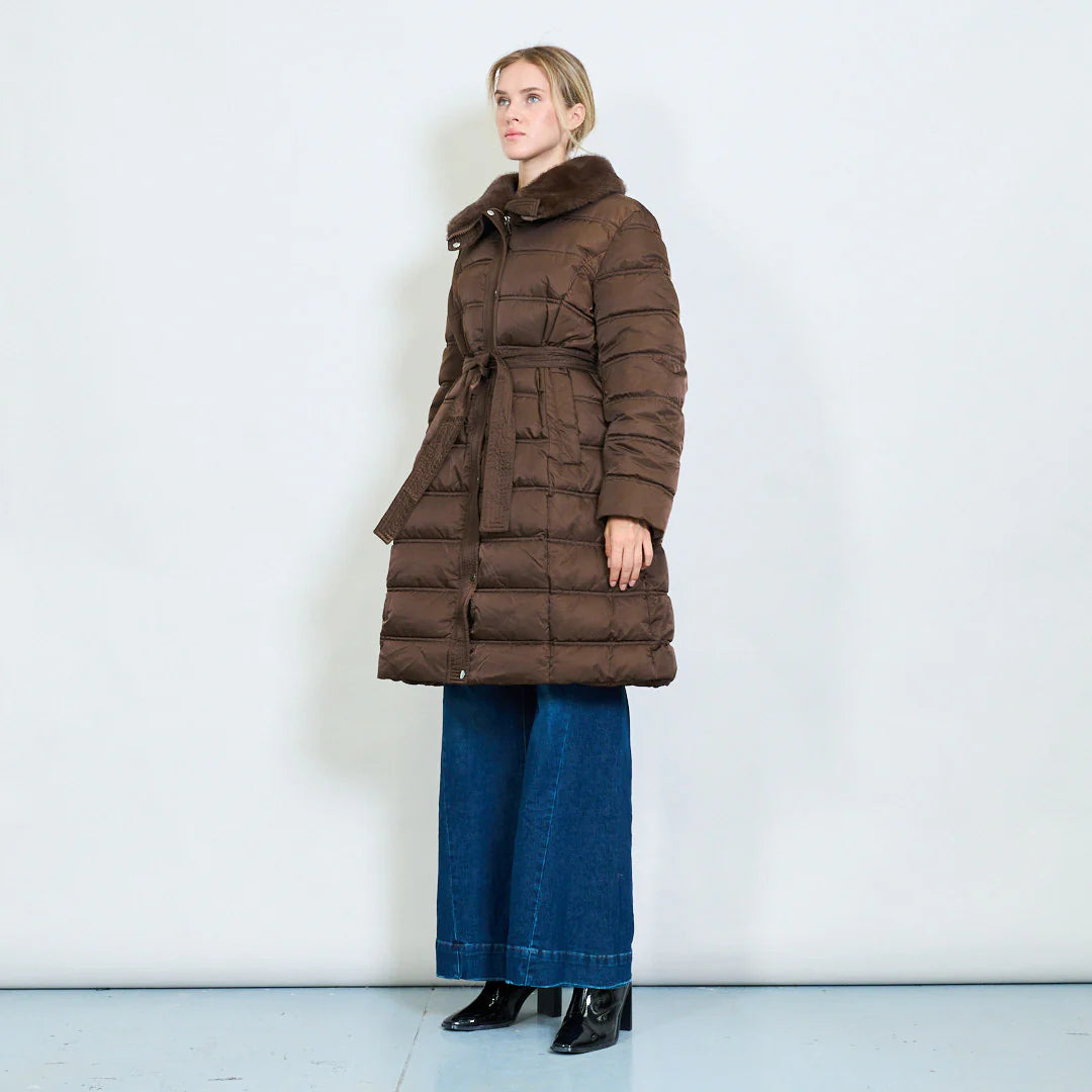 Women's Long Down Jacket with Belt and Fur Collar – Winter