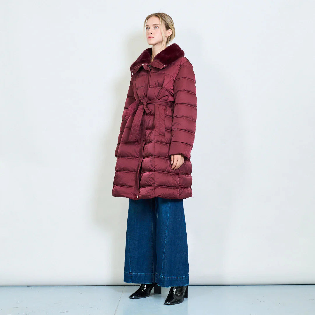 Women's Long Down Jacket with Belt and Fur Collar – Winter